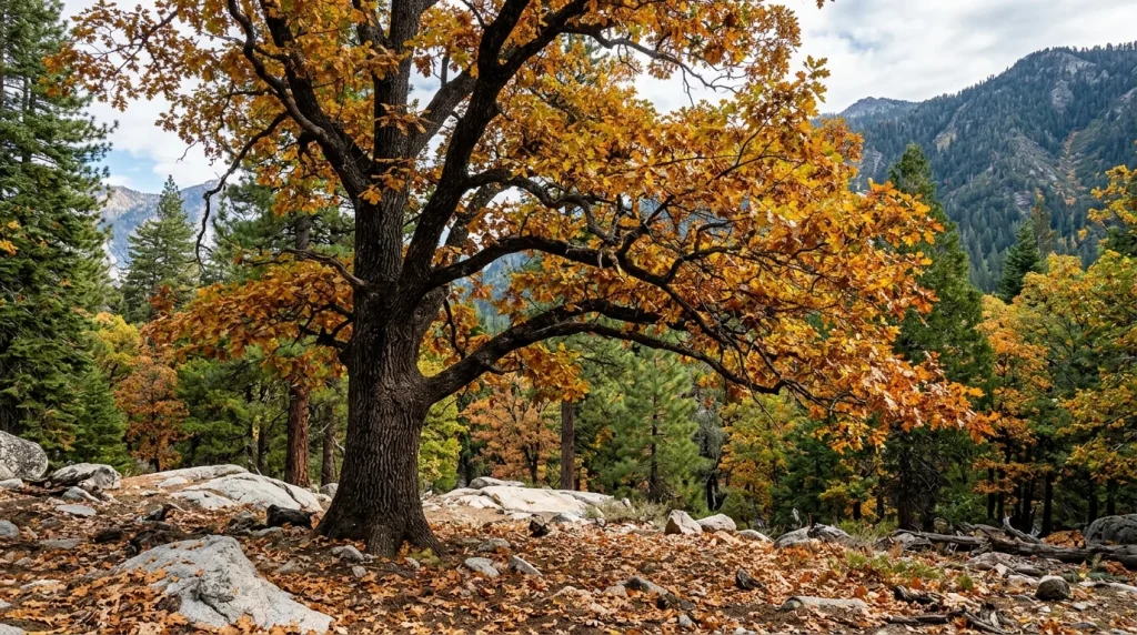 California black oak displaying gold and russet fall foliage among Sierra Nevada conifers.