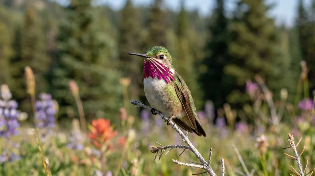 Adult male Calliope Hummingbird showing distinct magenta throat rays on a meadow-side perch.