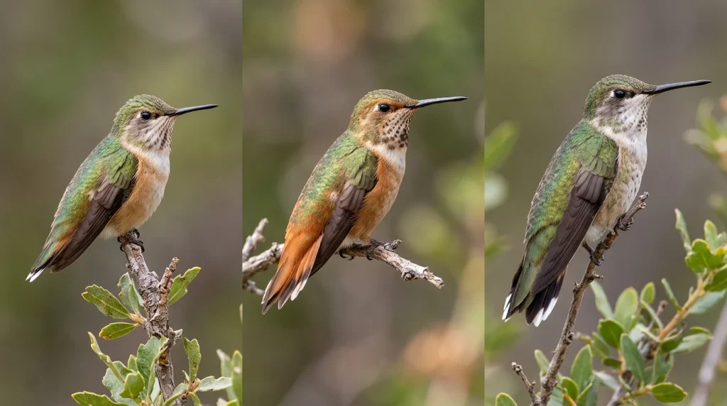 Female Calliope, Rufous, and Broad-tailed Hummingbirds compared from left to right.