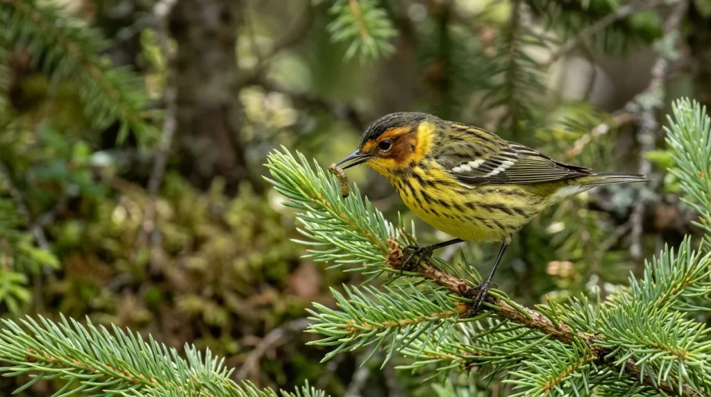 Cape May Warbler taking a caterpillar from spruce needles.