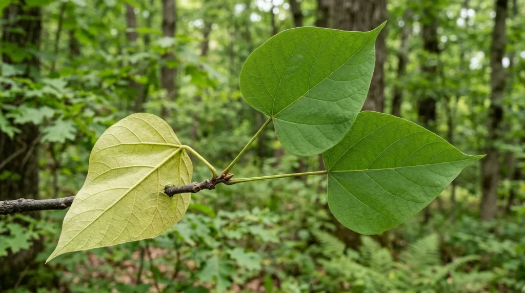 Northern catalpa leaves showing heart-shaped bases, smooth margins, and a three-leaf whorl.