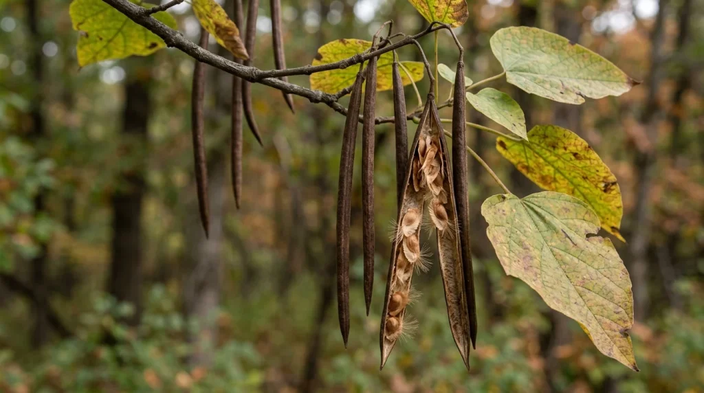 Long brown northern catalpa capsules, including a split capsule exposing fringed seeds.