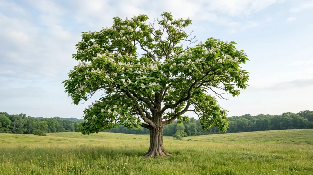 Mature northern catalpa with an irregular leafy crown standing alone in an open clearing.