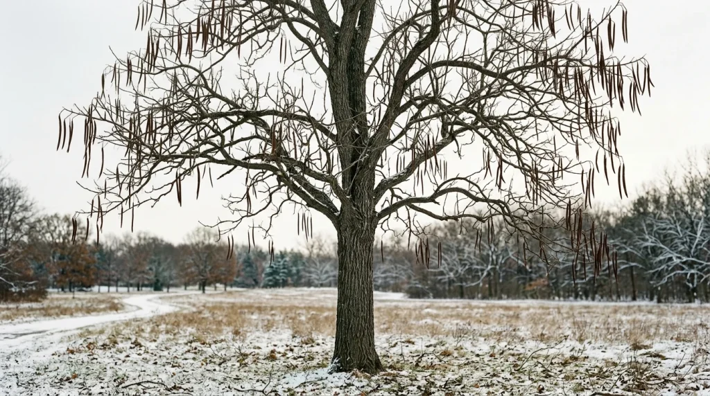 Leafless northern catalpa in winter with long seed capsules hanging among coarse branches.