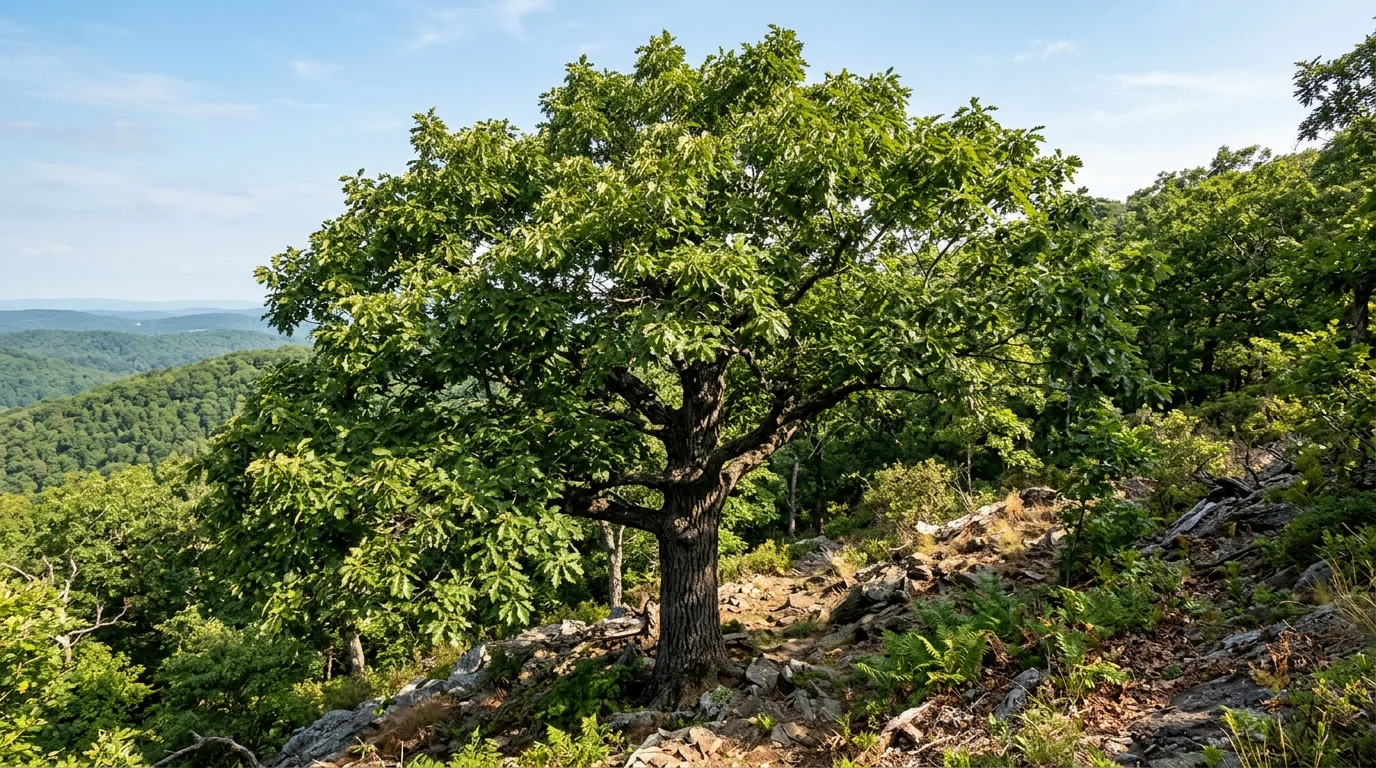 Mature chestnut oak growing on a rocky Appalachian ridge.
