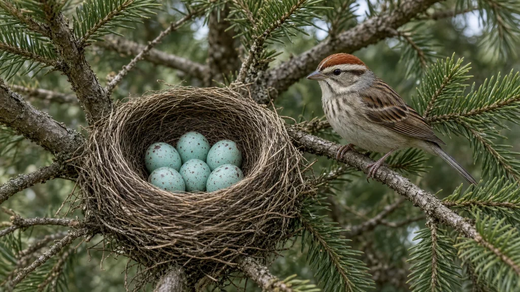 Chipping Sparrow nest in a small conifer containing four pale spotted eggs.