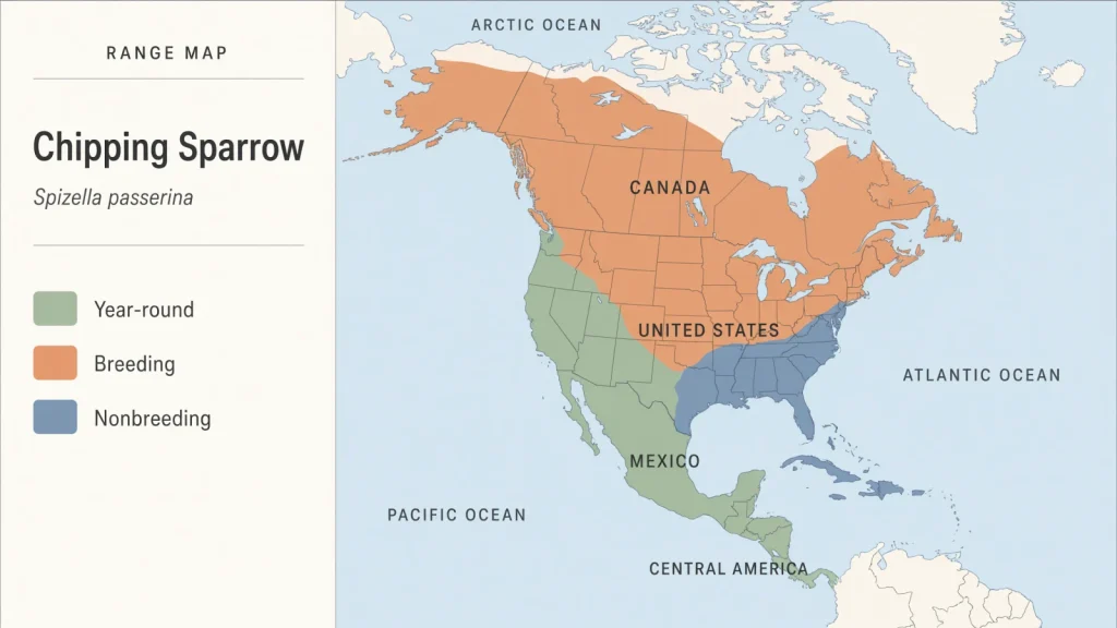 Field-guide map showing the Chipping Sparrow’s breeding, wintering, migration, and year-round ranges.