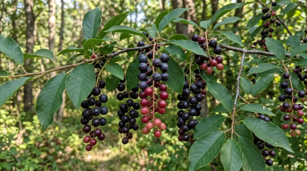 Hanging chokecherry fruit clusters with dark ripe cherries and a few red fruits.