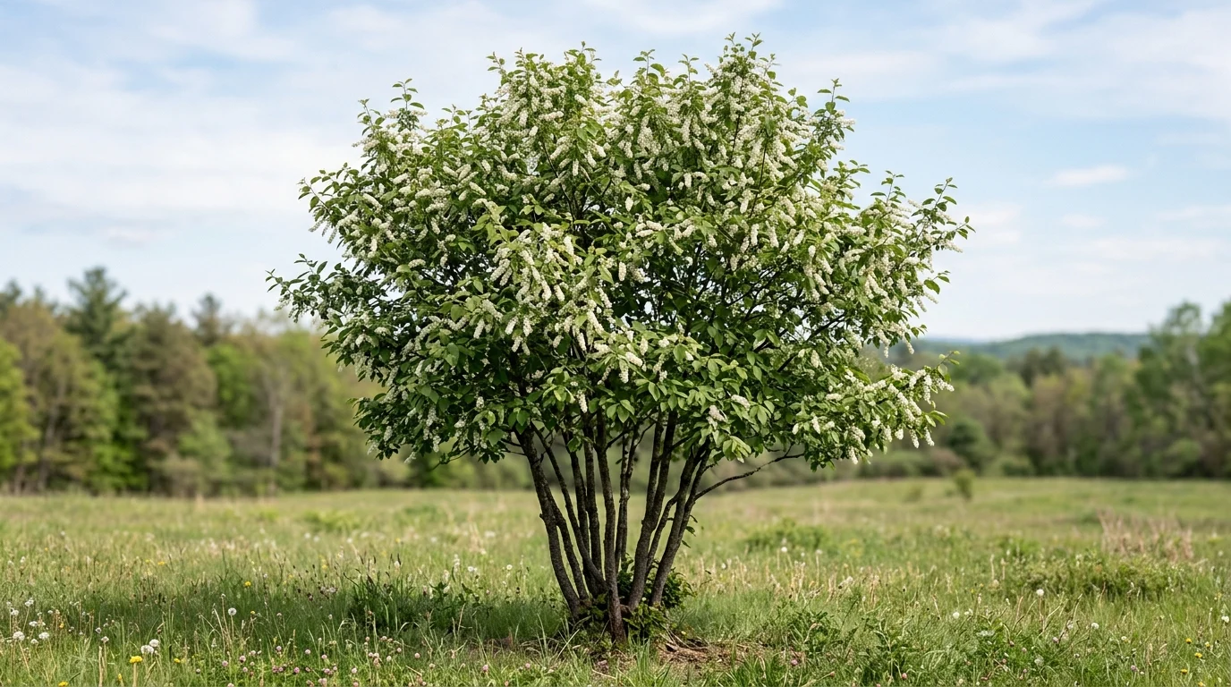 Flowering chokecherry standing in an open clearing with its entire rounded crown visible.