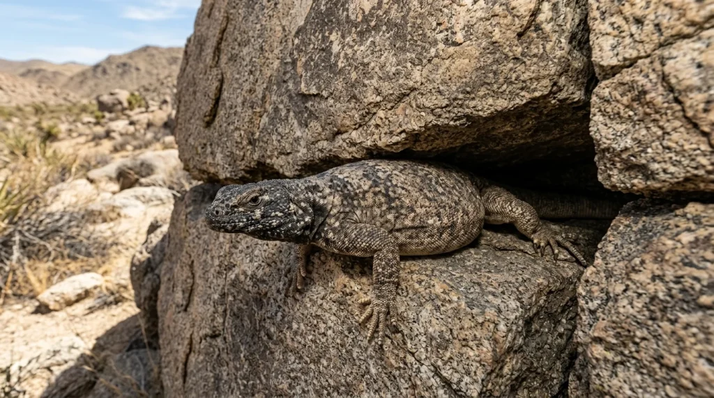 Chuckwalla inflated and braced inside a narrow rock crevice as a defensive response.