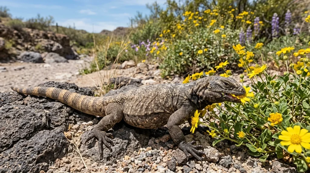 Common chuckwalla feeding on desert flowers and tender vegetation.