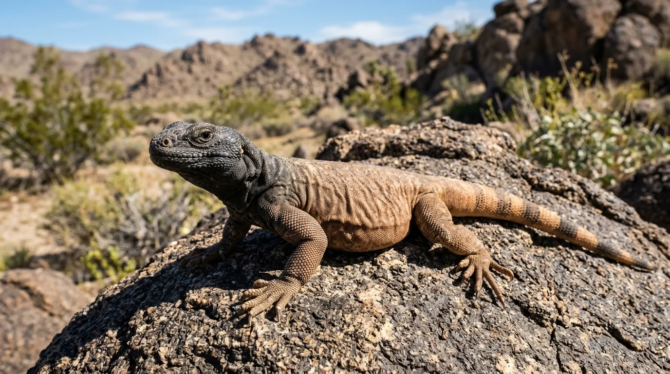 Adult common chuckwalla basking on a volcanic desert boulder.
