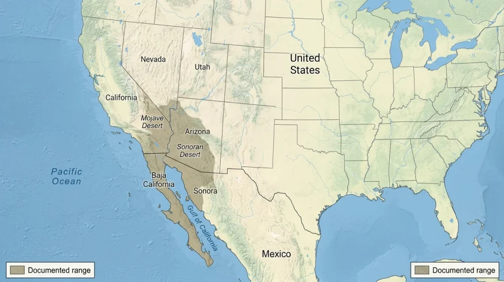 Map showing the common chuckwalla’s range in the southwestern United States and northwestern Mexico.