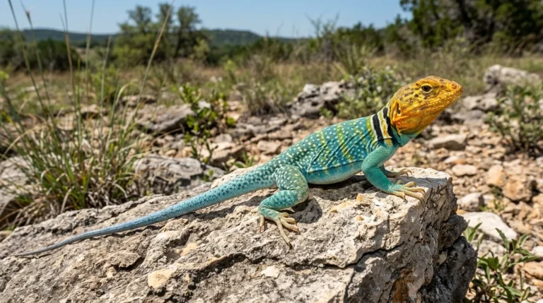 Male collared lizard displaying black neck bands and blue-green coloration on a sunny limestone outcrop.