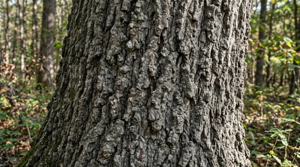 Gray common hackberry bark with raised corky knobs and irregular ridges.