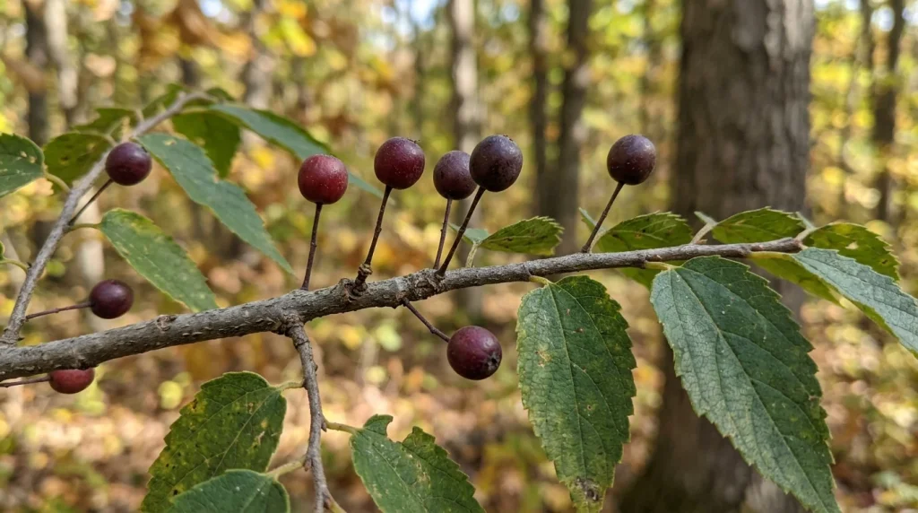 Small purple-brown common hackberry drupes hanging on slender stalks.