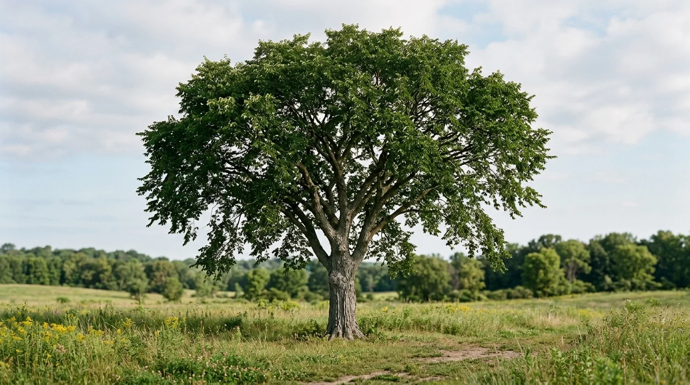 Mature common hackberry with a broad green crown standing alone in an open clearing.