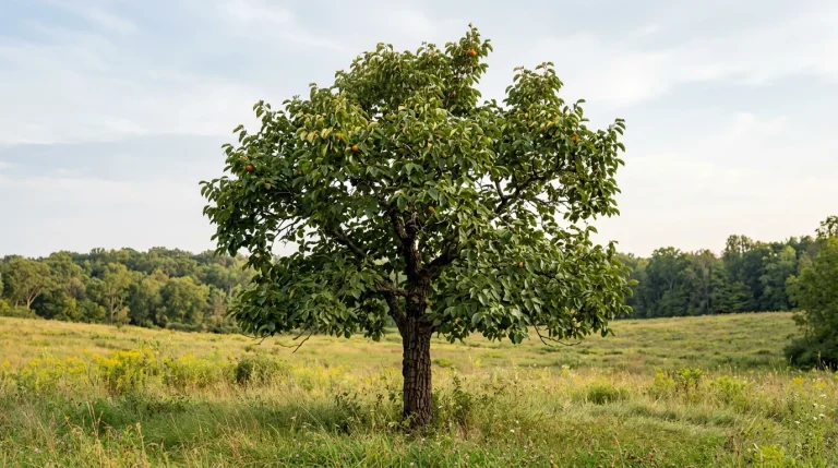 Mature common persimmon standing in an open clearing with its full rounded crown visible.