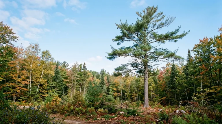 Mature eastern white pine with a tall trunk and airy crown at a forest edge.