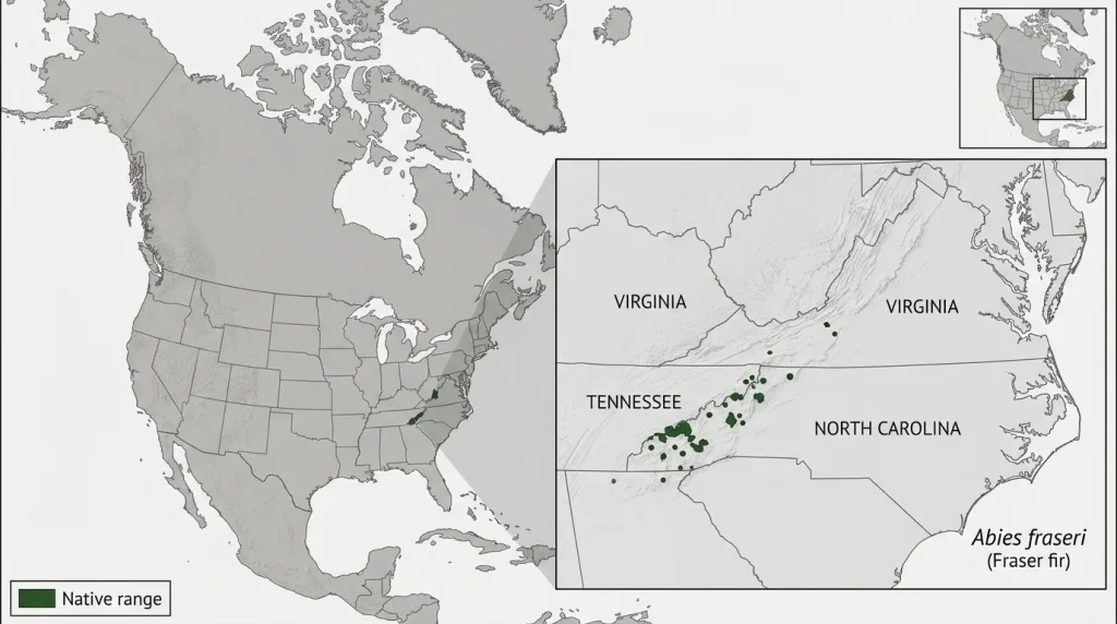 North American map highlighting Fraser fir’s restricted native range in the southern Appalachian Mountains.