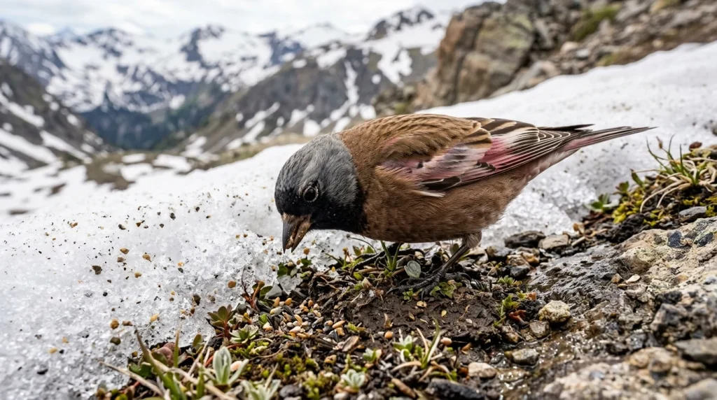 Gray-crowned Rosy-Finch foraging for seeds and insects along a melting snowbank.