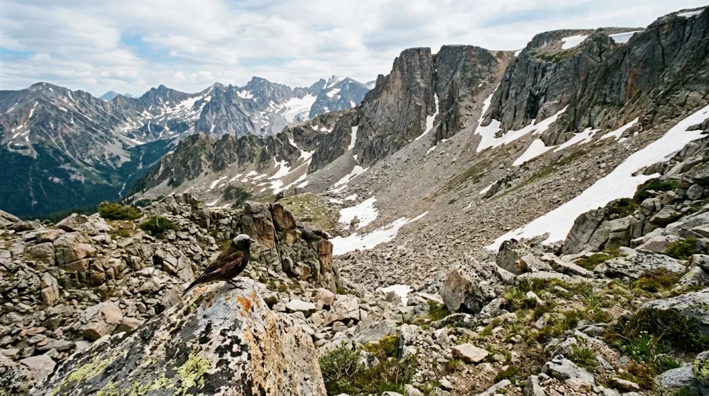 Rocky alpine tundra and lingering snow typical of Gray-crowned Rosy-Finch habitat.