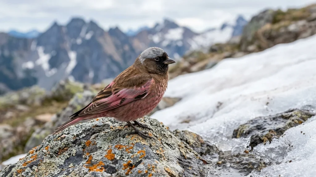 Adult male Gray-crowned Rosy-Finch perched beside an alpine snowfield.