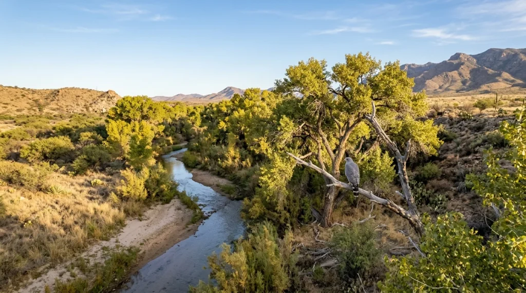 Cottonwood-lined river and mesquite edges provide Gray Hawk habitat in southeastern Arizona.