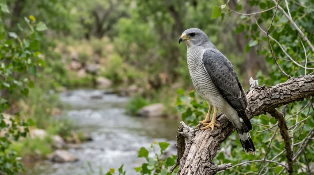 Adult Gray Hawk perched in cottonwood woodland, showing gray plumage and a banded tail.