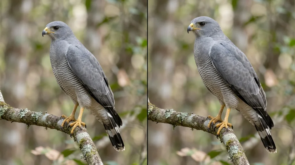 Male and female Gray Hawks with similar plumage and a modest average size difference.