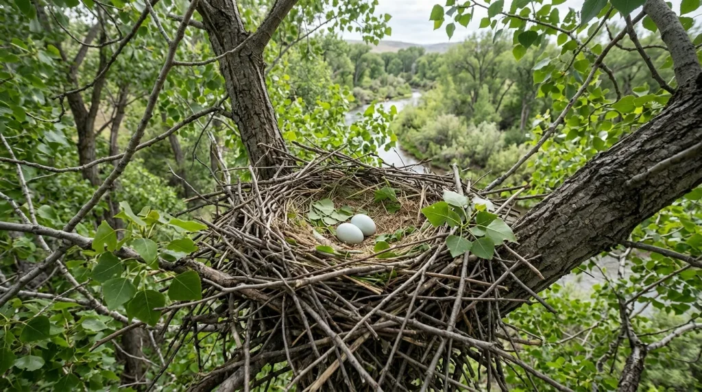 Gray Hawk stick nest with two pale eggs in a leafy cottonwood fork.