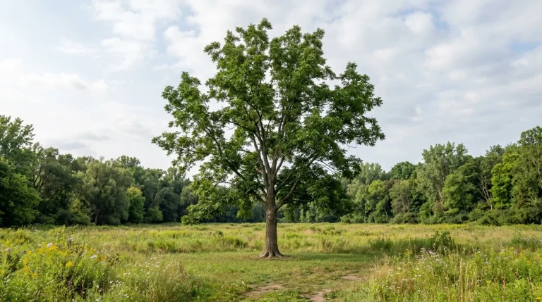 Mature green ash standing in an open clearing with its full summer crown visible.