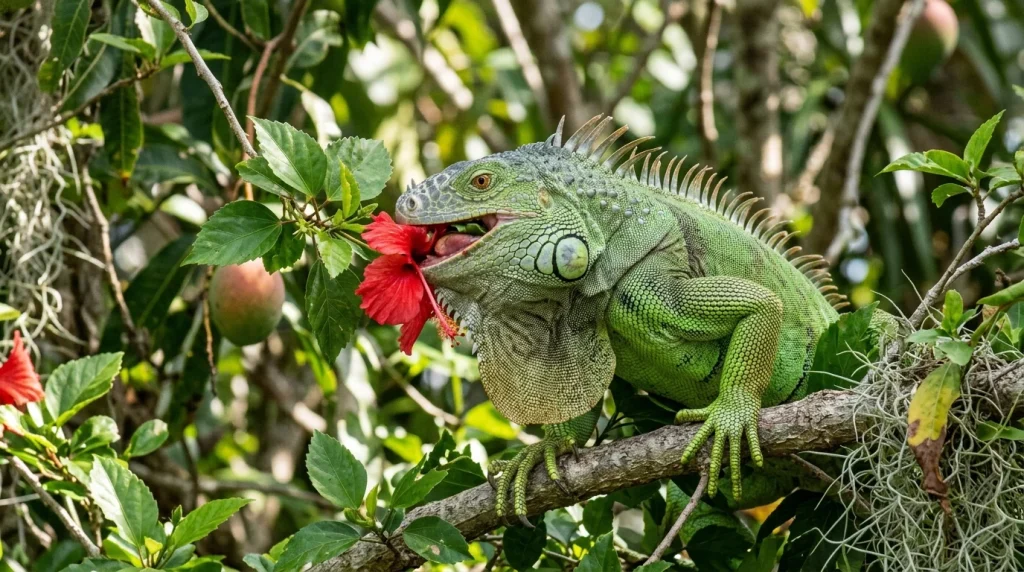 Green iguana feeding on leaves and a hibiscus flower.
