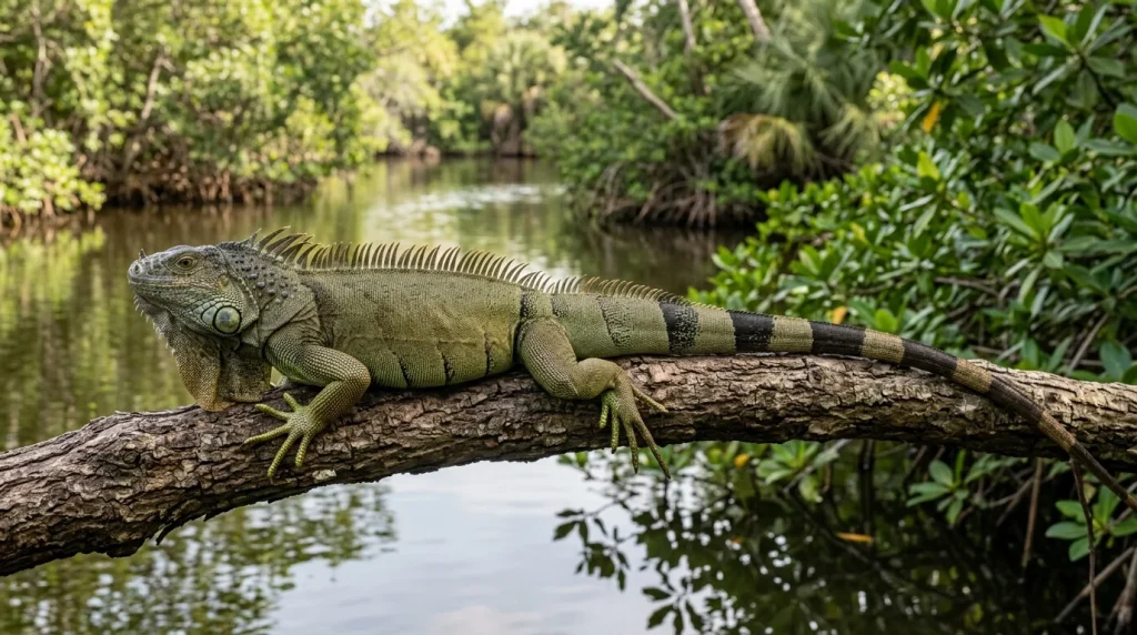 Adult green iguana perched on a branch above a southern Florida canal.
