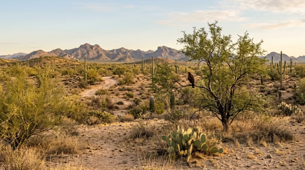 Open Sonoran Desert scrub with mesquite, saguaros, and a perched Harris's Hawk.