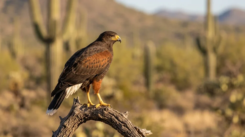 Adult Harris's Hawk showing chestnut shoulders and a white-tipped black tail on a desert perch.
