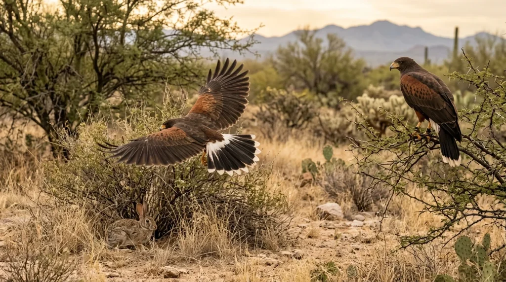 Two Harris's Hawks hunting near a cottontail's cover in desert scrub.