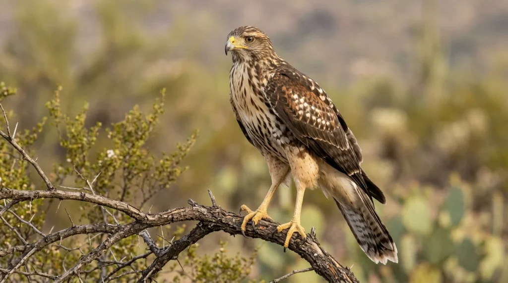 Juvenile Harris's Hawk with pale, heavily streaked underparts on a mesquite branch.