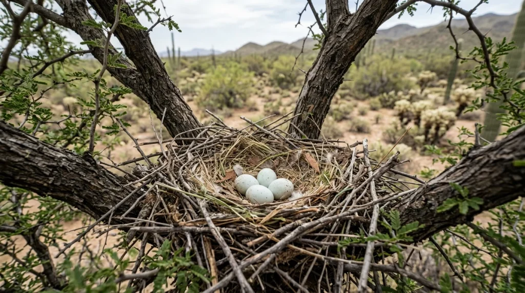 Three pale, lightly marked Harris's Hawk eggs in a stick nest in a mesquite fork.