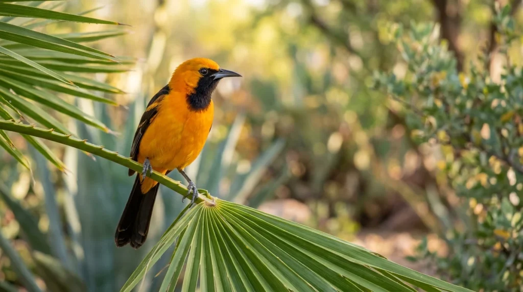 Adult male Hooded Oriole perched on a green palm frond.