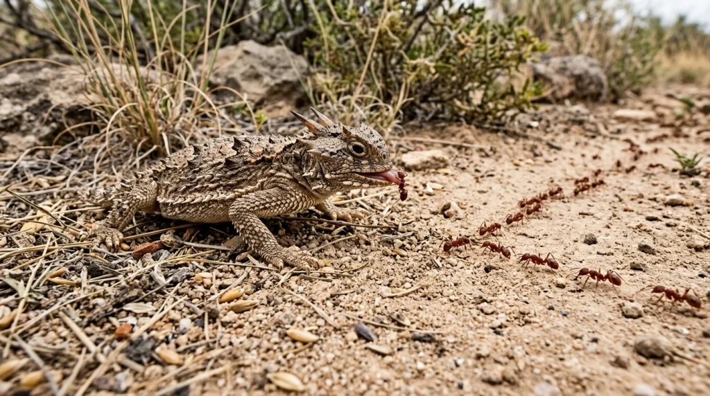 Texas horned lizard feeding beside a trail of native harvester ants.
