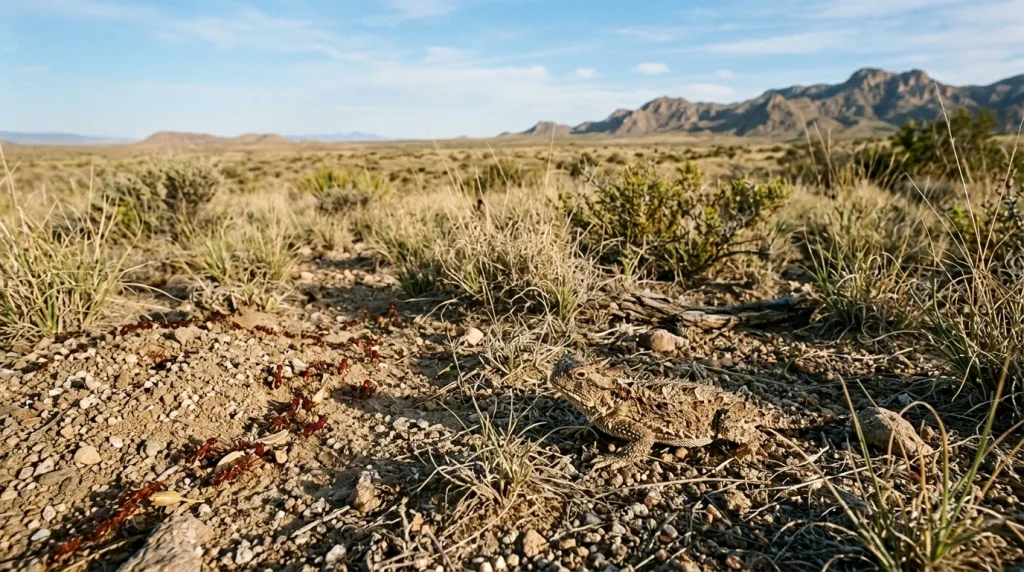 Open southwestern desert grassland with a camouflaged horned lizard in the foreground.