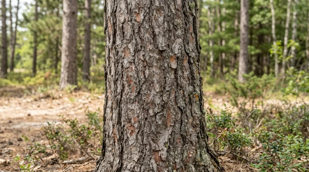 Jack pine trunk showing scaly gray-brown bark and shallow fissures.