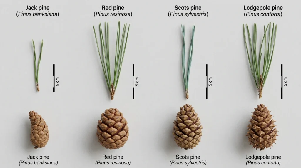 Needle and cone comparison of jack pine, red pine, Scots pine, and lodgepole pine.