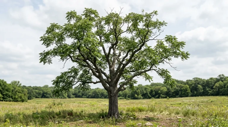 Mature Kentucky coffeetree with a broad, open summer crown in a grassy clearing.