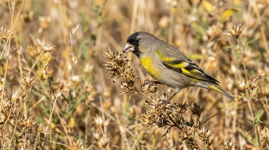 Lawrence’s Goldfinch extracting seeds from a mature plant.