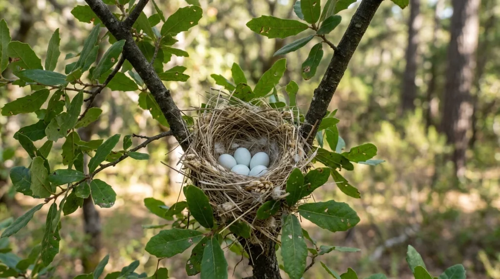 Lawrence’s Goldfinch cup nest holding four pale bluish-white eggs.