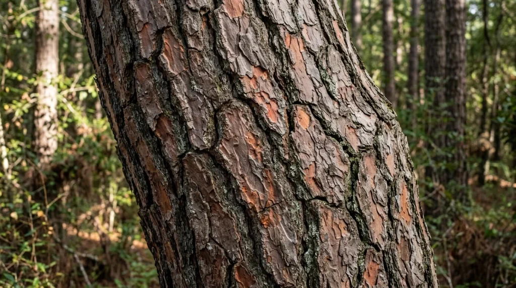 Thick plated loblolly pine bark with reddish-brown surfaces and deep furrows.