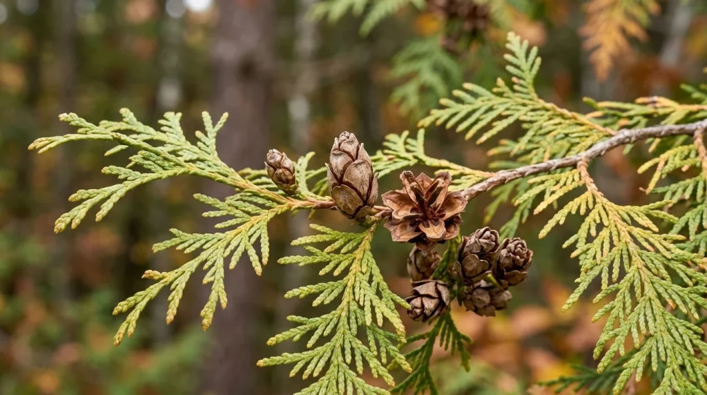 Small brown northern white-cedar cones with thin scales among flattened foliage.