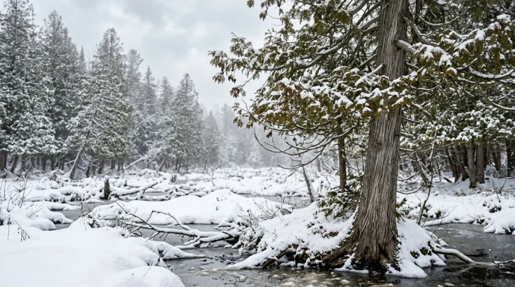 Northern white-cedar retaining green to bronze foliage in a snowy winter wetland.